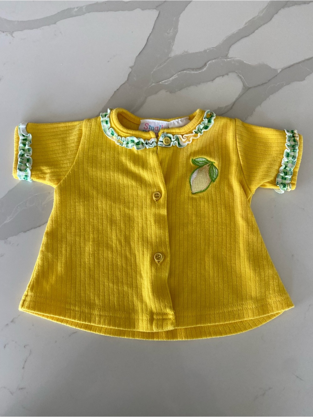 Vtg Small Steps ruffle Ribbed Button-Up Lemon Embroidered Short Sleeve 3-6M